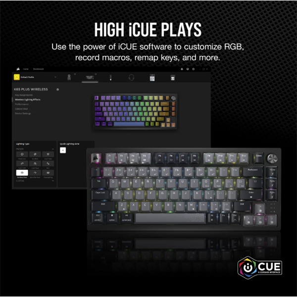 CORSAIR Vezeték Nélküli Billentyűzet Gaming, K65 PLUS 75%, Mechanikus, MLX Red switch, US, fekete - Image 6