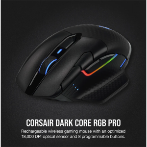 CORSAIR Vezetékes/Vezeték Nélküli Egér Gaming, DARK CORE RGB PRO, 8 programozható gomb, RGB, 18000dpi, fekete