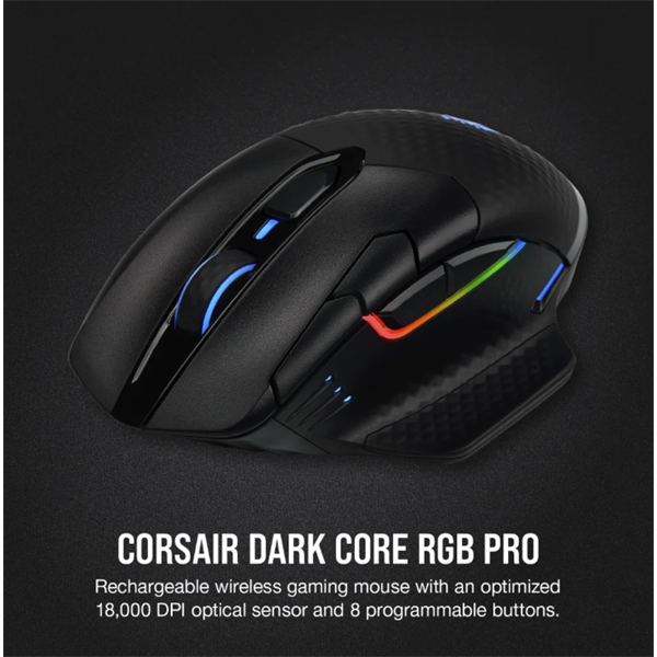 CORSAIR Vezetékes/Vezeték Nélküli Egér Gaming, DARK CORE RGB PRO, 8 programozható gomb, RGB, 18000dpi, fekete - Image 1