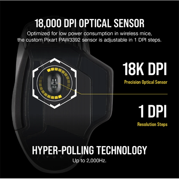 CORSAIR Vezetékes/Vezeték Nélküli Egér Gaming, DARK CORE RGB PRO, 8 programozható gomb, RGB, 18000dpi, fekete - Image 3