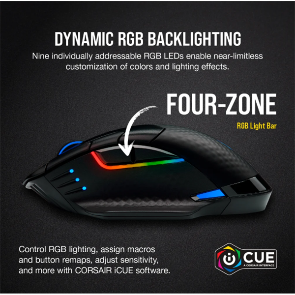CORSAIR Vezetékes/Vezeték Nélküli Egér Gaming, DARK CORE RGB PRO, 8 programozható gomb, RGB, 18000dpi, fekete - Image 6