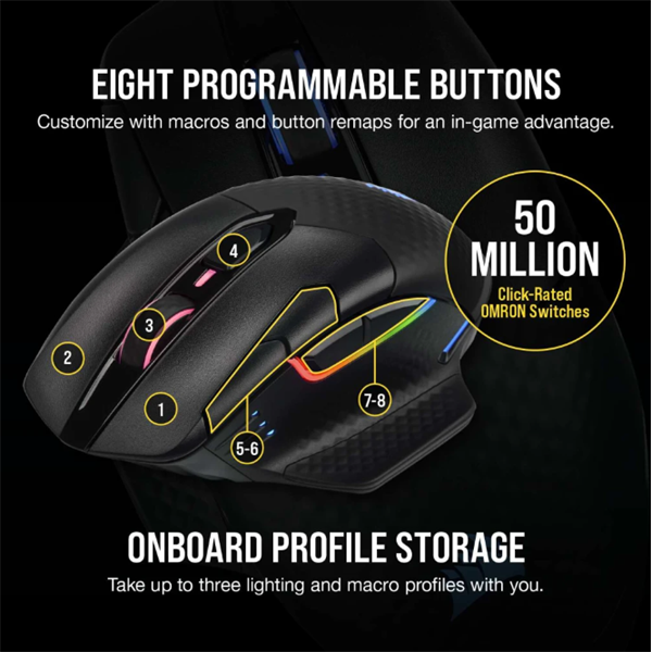 CORSAIR Vezetékes/Vezeték Nélküli Egér Gaming, DARK CORE RGB PRO, 8 programozható gomb, RGB, 18000dpi, fekete - Image 7