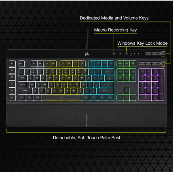 CORSAIR Vezetékes Billentyűzet Gaming, K55 RGB PRO, 6 programozható billentyű, Cseppálló, Csuklótámasz, US, fekete - Image 6