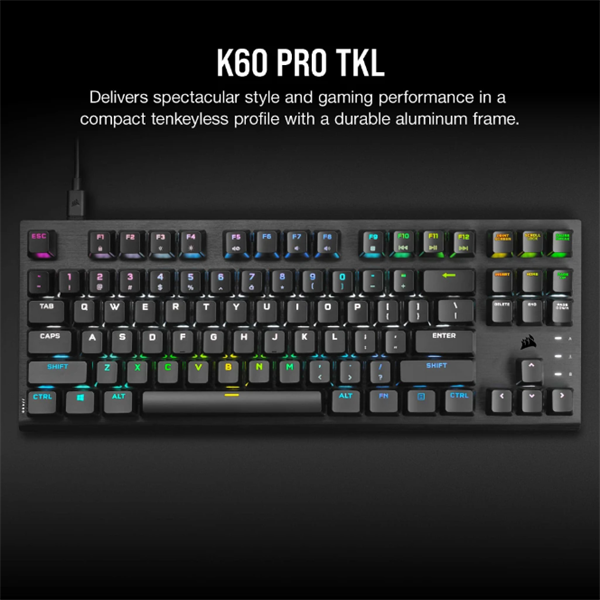 CORSAIR Vezetékes Billentyűzet Gaming, K60 PRO TKL RGB, Optical-Mechanical, Alumínium keret, US, fekete - Image 2