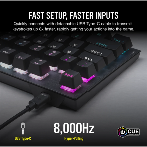 CORSAIR Vezetékes Billentyűzet Gaming, K60 PRO TKL RGB, Optical-Mechanical, Alumínium keret, US, fekete - Image 5