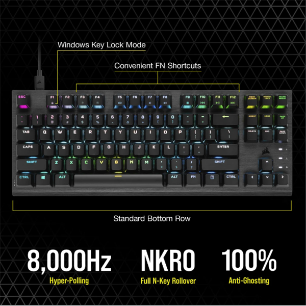 CORSAIR Vezetékes Billentyűzet Gaming, K60 PRO TKL RGB, Optical-Mechanical, Alumínium keret, US, fekete - Image 7