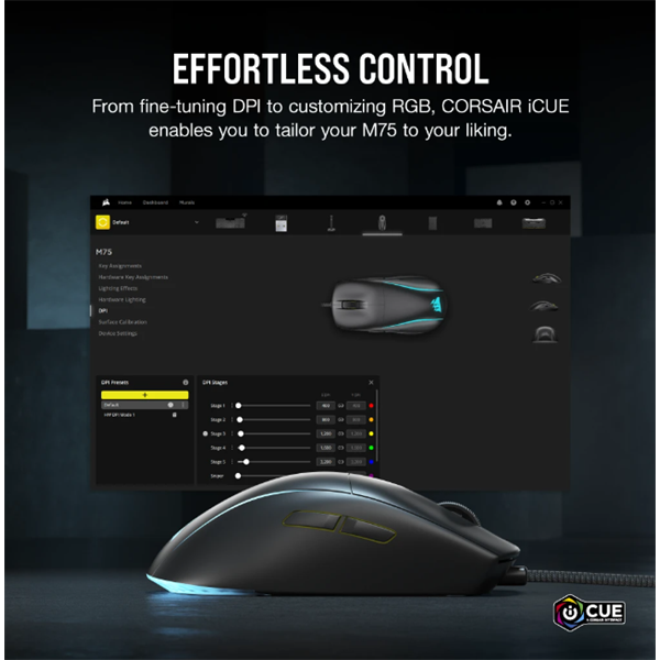 CORSAIR Vezetékes Egér Gaming, M75 RGB, Ultra-könnyű, RGB Világítás, 26000dpi, fekete - Image 7