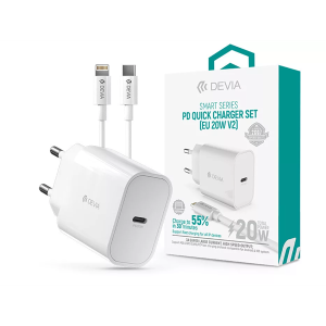 DEVIA ST383847 HÁLÓZATI TÖLTŐ ADAPTER TYPE-C BEMENETTEL + TYPE-C - LIGHTNING KÁBEL - 20W - FEHÉR
