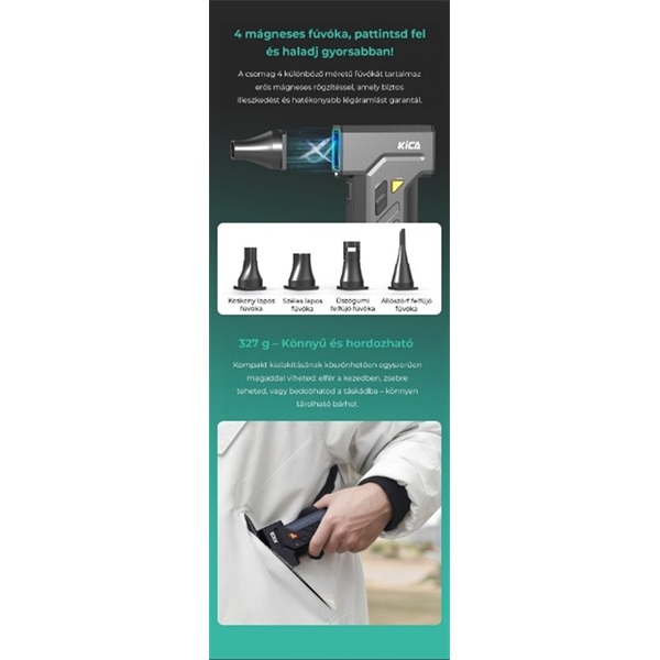 KICA FY4673 ultraerős légfúvó, 48 m/s, 185 gramm tolóerő, LED, 327 gramm, Turbo Boost, 4 mágneses fúvóka, gyorstöltés - Image 4