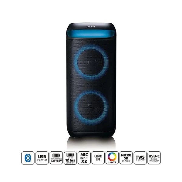 Lenco PA-210BK Bluetooth 5.3 bulihangszóró beépített világítással , TWS, 100W erősítővel, 2x mikrofon bemenet - Image 1
