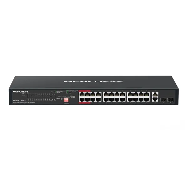 MERCUSYS Switch 28x1000Mbps(24xPOE+) + 2xSFP, Fémházas Asztali Rackes, MS128GP