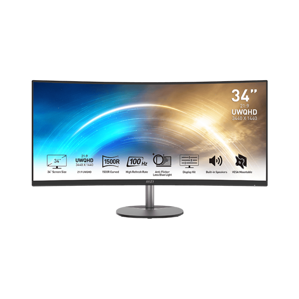 MSI Monitor Business PRO MP341CQ Ívelt 34" QHD, 3440x1440, 100Hz VA 21:9, 3000:1 CR, 300cd/m2, 4 ms, HDMI, DP, Black - Image 1