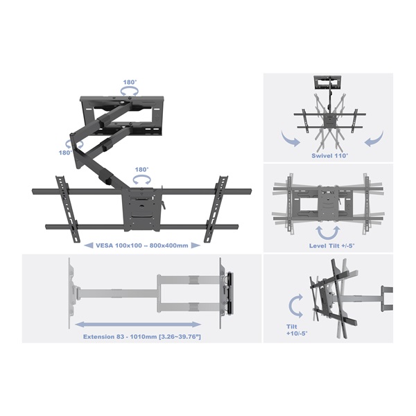 MULTIBRACKETS Fali konzol, M Universal Long Reach Arm 1010mm HD, Single (42-75", max.VESA: 800x400 mm, 40 kg) - Image 9
