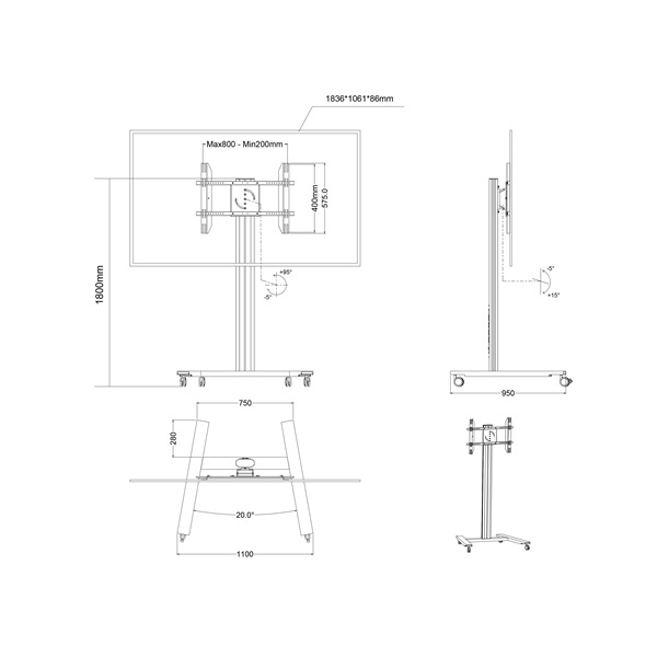 MULTIBRACKETS Gurulós padlóállvány, M Public Display Stand 180 HD Single Silver (55-80", max.VESA: 800x500 mm, 60 kg) - Image 15