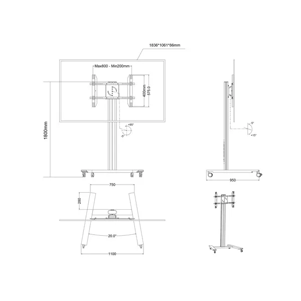 MULTIBRACKETS Gurulós padlóállvány, M Public Display Stand 180 HD Single Silver (55-80", max.VESA: 800x500 mm, 60 kg) - Image 15