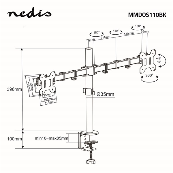 Nedis MMDOS110BK 15"-32" asztali 2 monitor tartóállvány, maximum 8 kg, forgatható dönthető, acél, fekete - Image 7