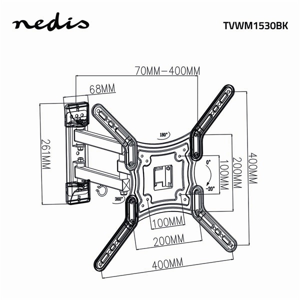Nedis TVWM1530BK 23"-55"  LCD TV / monitor fali tartókonzol, maximum 30 kg, forgatható dönthető, 3 forgáspont - Image 4