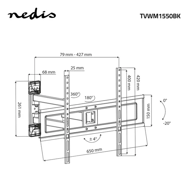Nedis TVWM1550BK 37"-70 LCD TV / monitor fali tartókonzol, maximum 35 kg, dönthető és forgatható, acél, fekete - Image 5
