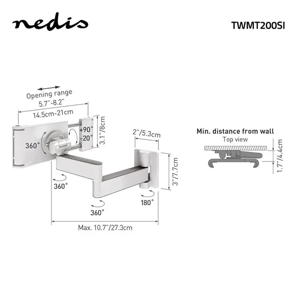 Nedis TWMT200SI 7"-12" tablet fali tartó konzol, maximum 1 kg, 360° fokban forgatható, dönthető, fehér/ezüst - Image 5