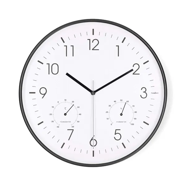 Nedis CLWA4226BK falióra, 30 cm átmérő,  műanyag, csendes szerkezet: óra, hőmérő, páratartamom mérő