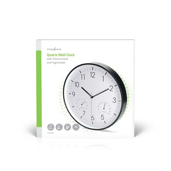 Nedis CLWA4226BK falióra, 30 cm átmérő,  műanyag, csendes szerkezet: óra, hőmérő, páratartamom mérő - Image 4