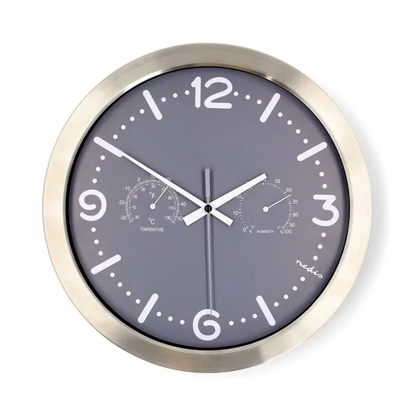 Nedis CLWA5226SS falióra, 30 cm átmérő,  rozsdamentes acél, csendes szerkezet: óra, hőmérő, páratartamom mérő