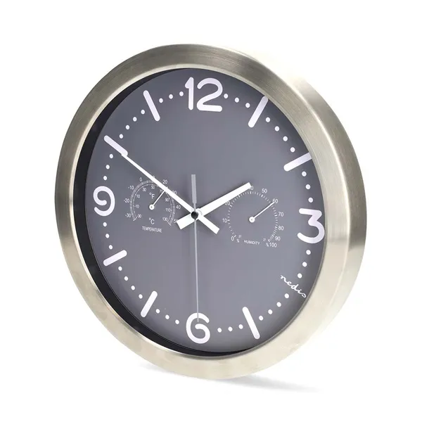 Nedis CLWA5226SS falióra, 30 cm átmérő,  rozsdamentes acél, csendes szerkezet: óra, hőmérő, páratartamom mérő - Image 2