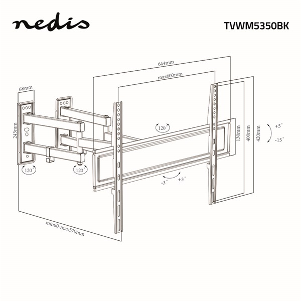 Nedis_TVWM5350BK_32-_70_LCD_TV_monitor_fali_tartokonzol_maximum_40_kg_forgathato_dontheto_6_forgaspont-i1687721.jpg Nedis TVWM5350BK 32"- 70" LCD TV / monitor fali tartókonzol, maximum 40 kg, forgatható / dönthető, 6 forgáspont - Image 13