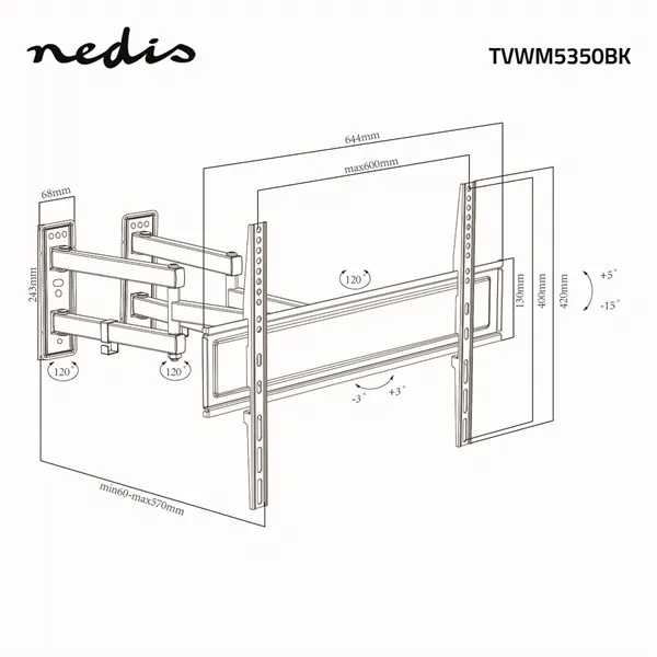 Nedis TVWM5350BK 32"- 70" LCD TV / monitor fali tartókonzol, maximum 40 kg, forgatható / dönthető, 6 forgáspont - Image 13