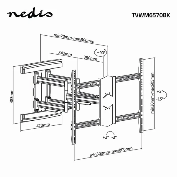 Nedis TVWM6570BK 43"- 100" LCD TV / monitor fali tartókonzol, maximum 70 kg, forgatható / dönthető, 3 forgáspont - Image 7