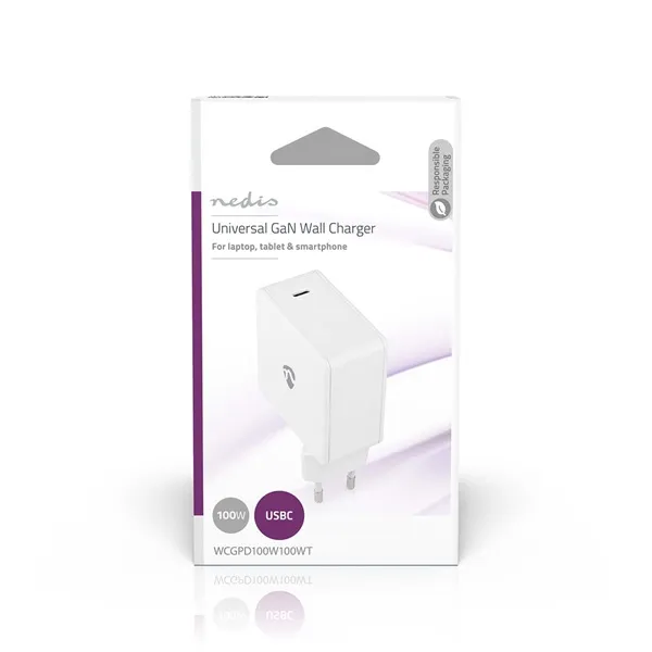 Nedis WCGPD100W100WT PD (Power Delivery) töltő / tápegység 100W, 5A, GaN, QC, 5V, 9V, 12V, 15V, 20V, USB-C - Image 3