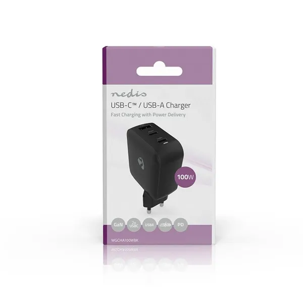 Nedis WGCHA100WBK töltő 100 W, GaN, PD3.0, QC 2,5 / 3,0 / 5,0 A, Kimenetek száma: 3, USB-A / 2x USB-C, fekete