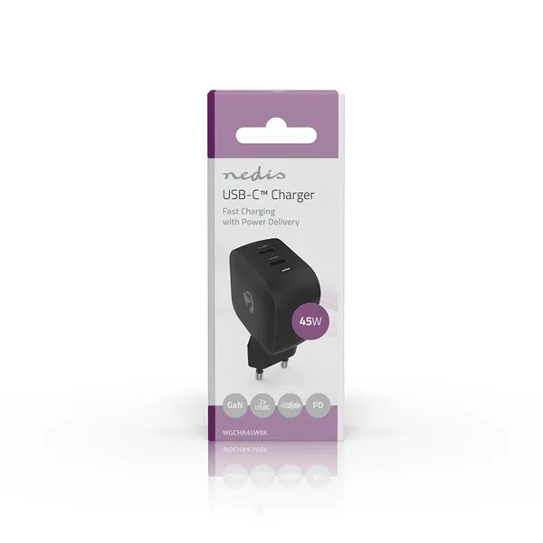 Nedis WGCHA45WBK töltő 45 W | GaN | PD3.0, Gyorstöltési funkció, 2,25 / 3,0 A, 2x USB-C, Automatikus feszültségválasztás