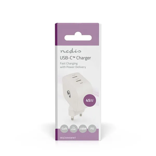 Nedis WGCHA45WWT töltő 45 W | GaN | PD3.0, Gyorstöltési funkció, 2,25 / 3,0 A, 2x USB-C, Automatikus feszültségválasztás
