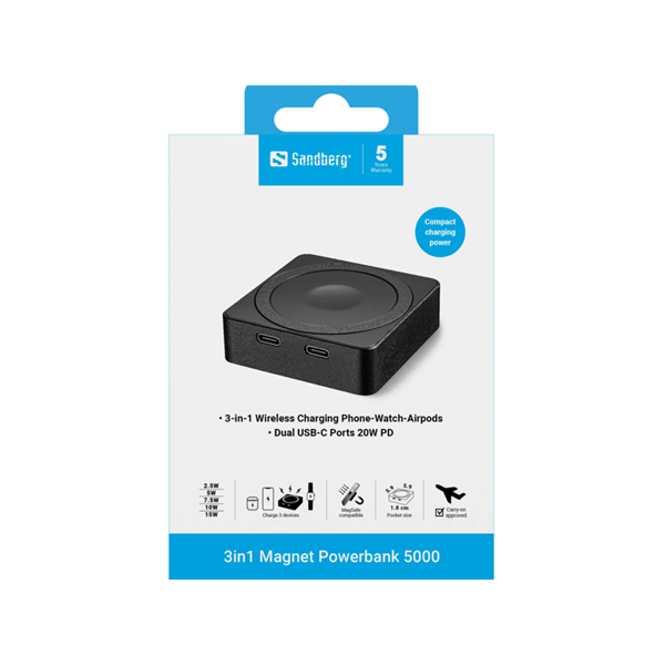 SANDBERG 3 in 1 mágneses powerbank, 5000 mAh (18.5 Wh), carry - on approved, 1,8 cm, 5 év garancia - Image 4