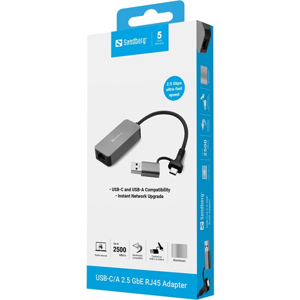 SANDBERG USB-C/A 2.5 GbE RJ45 adapter,  USB-C and USB-A Compatibility,  Ultra-Fast 2.5 Gbps Speeds, 5 év garancia - Image 4
