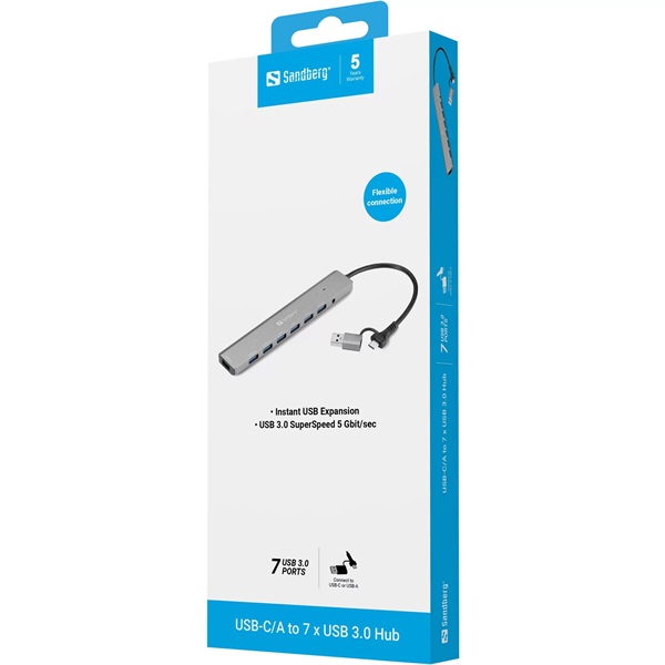 SANDBERG USB-C/A to 7 x USB 3.0 HUB, akár 7 USB-A satlakozási lehetőség, USB 3.0 SuperSpeed 5 Gbit/sec, 5 év garancia - Image 2