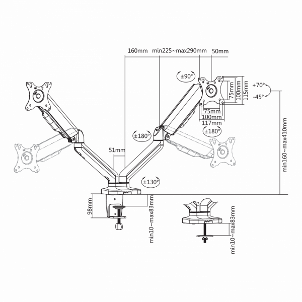 SBOX LCD-S024 Asztali dupla monitor tartó konzol, dönthető, forgatható, 13"-27", 100x100, max 6 kg - Image 6