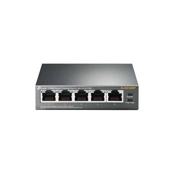 TP-LINK_Switch_5x1000Mbps_asztali_femhazas_4_port_PoE_8023_af_58_watt-i387304.jpg TP-Link Switch PoE - TL-SG1005P (5port 1Gbps; 5/4 af PoE port; 56W) - Image 1