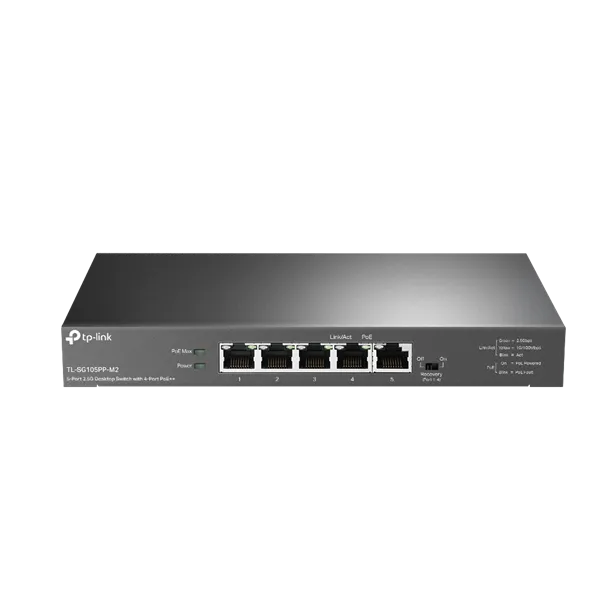 TP-LINK Switch 5x2.5G(4xPOE++) Fémházas Asztali, TL-SG105PP-M2
