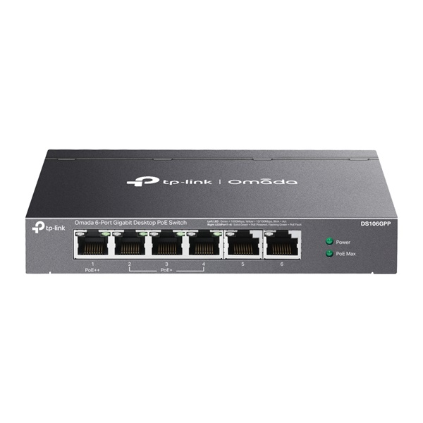 TP-LINK_Switch_6x1000Mbps3xPOE_1xPOE_Femhazas_Omada_DS106GPP-i1515570.jpg TP-Link Switch PoE - DS106GPP (6port 1Gbps; 3x at PoE+ port ; 1x bt PoE++ port; 64W) - Image 1