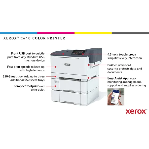 XEROX Színes lézernyomtató C410, A4, 40 l/p, duplex, 125.000 ny/hó, 1GB, LAN/USB/WiFi, 1200x1200dpi, 250 lap adagoló - Image 4