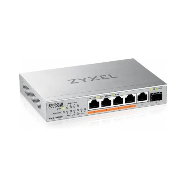 ZYXEL Switch 5x2.5Gbps(4xPOE++) + 1xSFP+  Fémházas Asztali, XMG-105HP-EU0101F