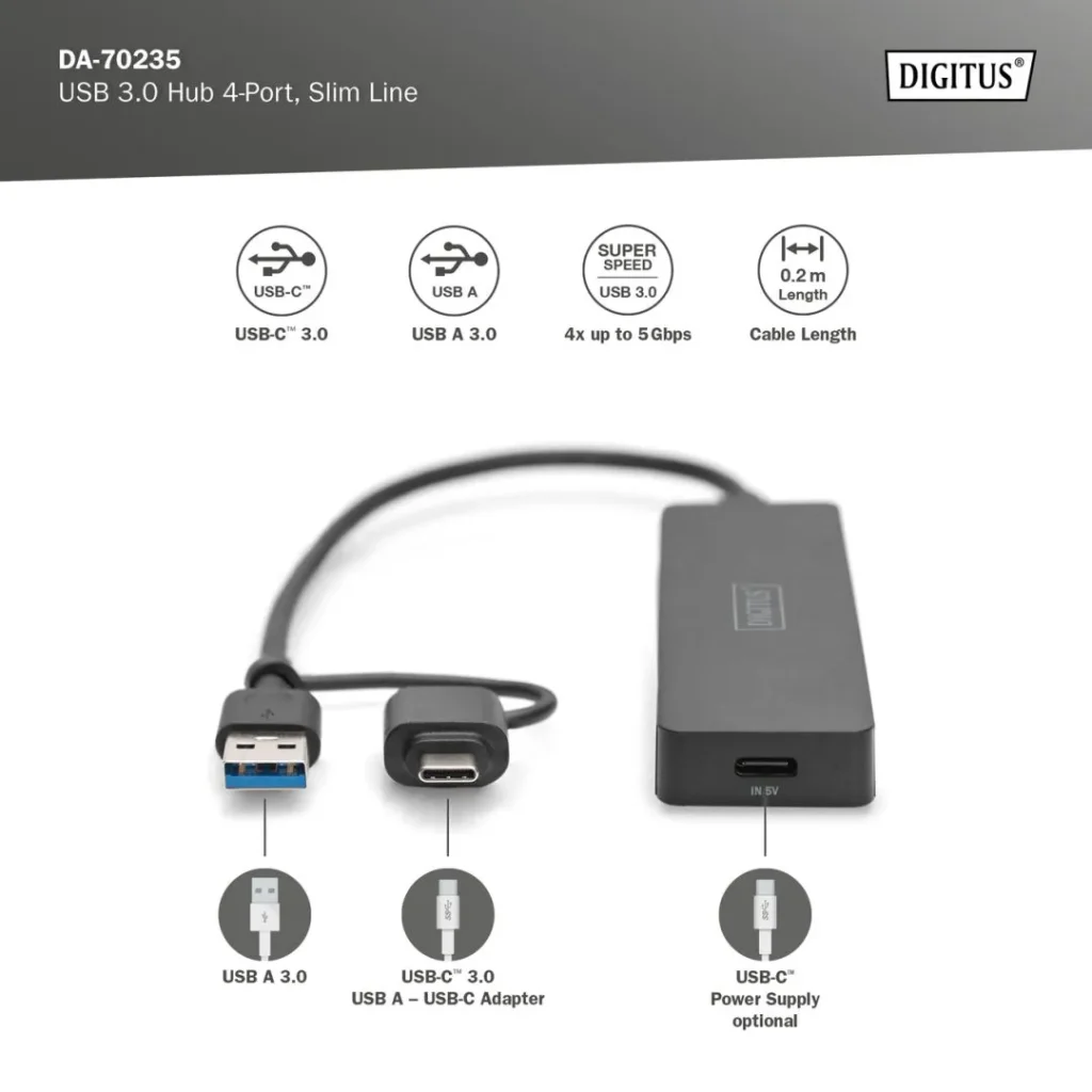 Digitus USB 3.0 Hub 4-Port Slim Line Black - Image 3