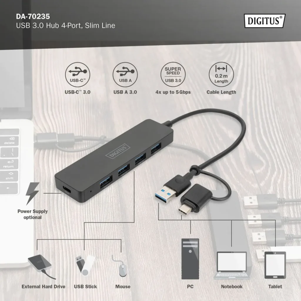 Digitus USB 3.0 Hub 4-Port Slim Line Black - Image 4