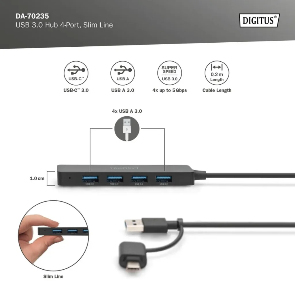 Digitus USB 3.0 Hub 4-Port Slim Line Black - Image 5