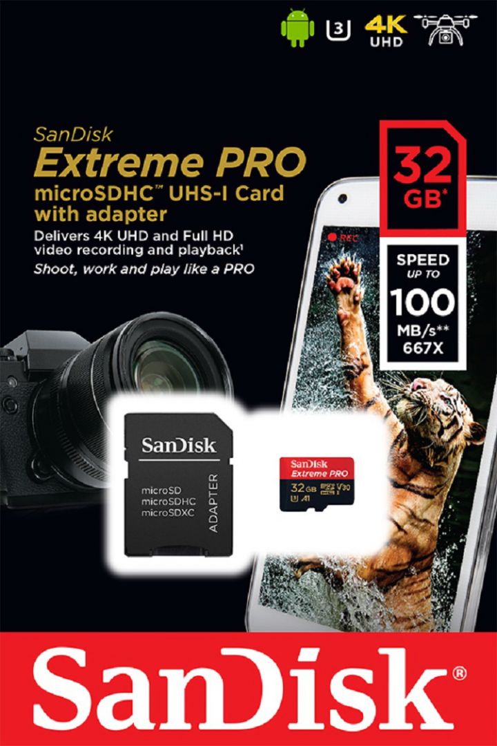 Sandisk 32GB microSDHC Extreme Pro Class 10 UHS-I V30 A1 + adapterrel - Image 1