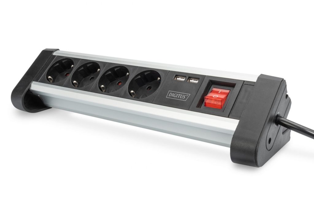 4-way-office-power-strip-with-2x-usb_1.jpg Digitus Hálózati Elosztó Kapcsolóval 4DIN 1,5m Silver/Black - Image 1