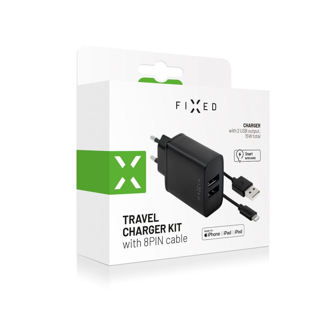 set-fixed-mains-charger-with-2xusb-output-and-usb-lightning-cable-1m-mfi-certification-15w-smart-rapid-charge-black_1.jpg FIXED hálózati telefontöltő, 2 USB kimenet, USB/Lightning 1 m-es MFI kábel a csomagban, 15W Smart gyorstöltés, fekete - Image 1