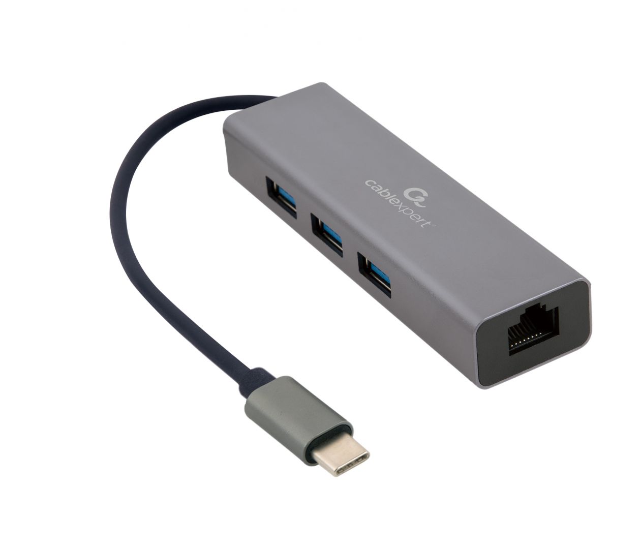 Gembird USB-C Gigabit network adapter with 3-port USB 3.1 hub Grey - Image 1